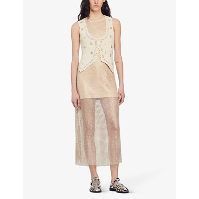 Shop Sandro Womens Naturels Sleeveless Stretch-mesh Midi Dress