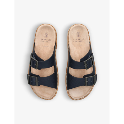 Shop Brunello Cucinelli Mens Navy Pebble Silver-toned-hardware Leather Sandals