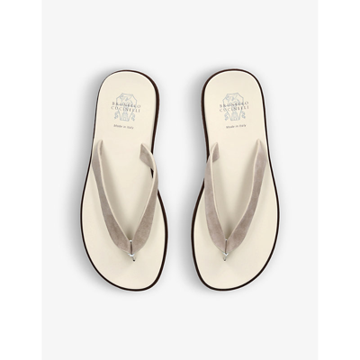 Shop Brunello Cucinelli Men's Beige Brand-print Open-toe Suede Flip-flops