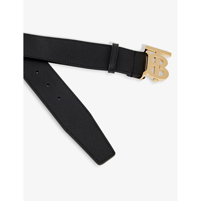 Shop Burberry Men's Black/gold Logo-plaque Leather Belt