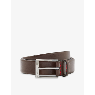 Shop Hugo Men's Dark Brown Logo-embossed Contrast-stitch Leather Belt