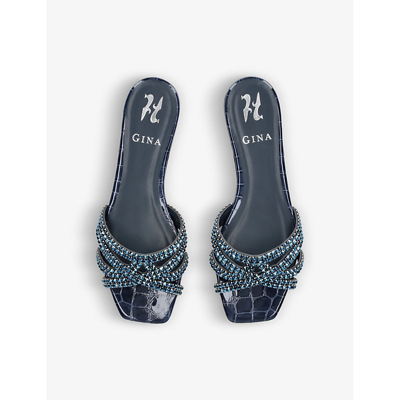 Shop Gina Women's Navy Portland Crystal-embellished Croc-embossed Leather Sandals