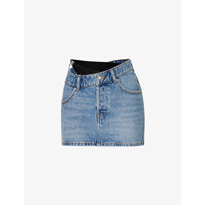 Shop Alexander Wang Women's Vintage Light Indigo Asymmetric-waistband Logo-embellished Denim Mini Skirt