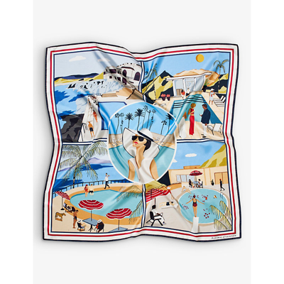 Aspinal Of London Womens Poolblue Pool Side Graphic-print Silk-twill Scarf In Poolblue