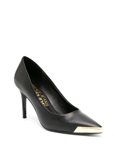 Versace Jeans Couture Elegant Black Pumps With Iconic Gold Accent And Luxurious Leather Finish In Black