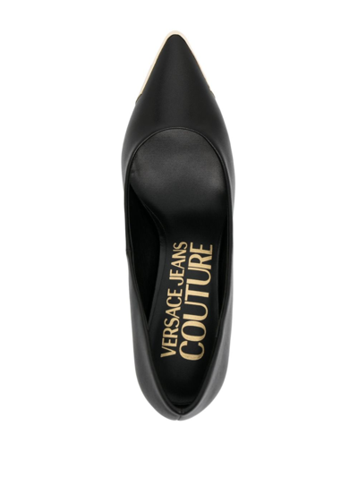 Versace Jeans Couture Elegant Black Pumps With Iconic Gold Accent And Luxurious Leather Finish In Black