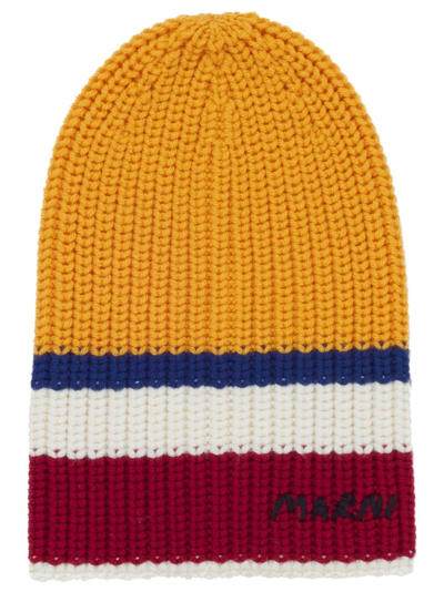 Shop Marni Striped Ribbed Beanie In Yellow