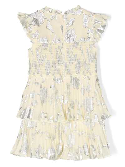 Shop Self-portrait Pleated Jacquard Tiered Dress In Yellow