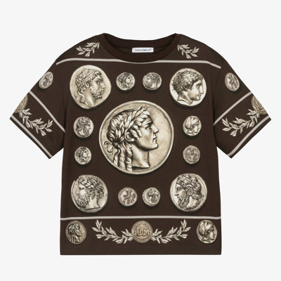 Shop Dolce & Gabbana Boys Brown Cotton Roma Coin T-shirt