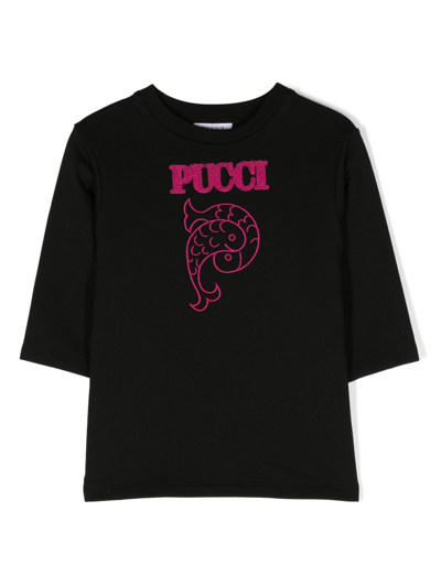 Shop Pucci Junior Kids Black Logo Chest T-shirt Dress