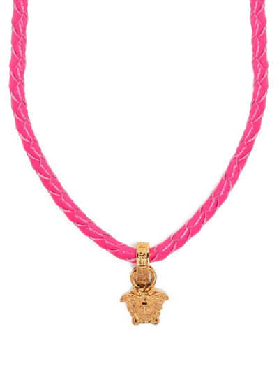 Shop Versace Medusa Pendant Leather Necklace In Pink