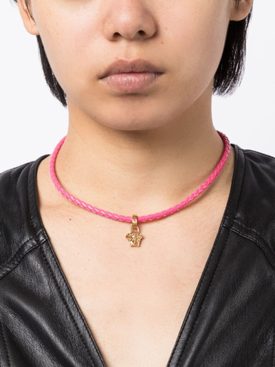 Shop Versace Medusa Pendant Leather Necklace In Pink