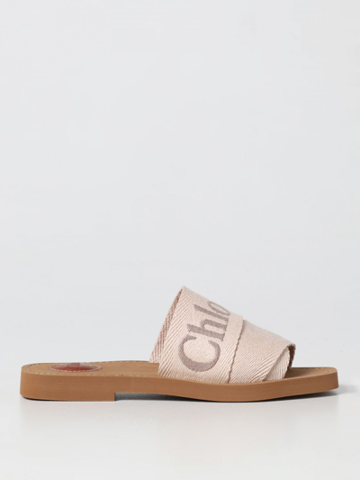 Shop Chloé Woody  Sandals In Canvas With Embroidered Logo In Beige