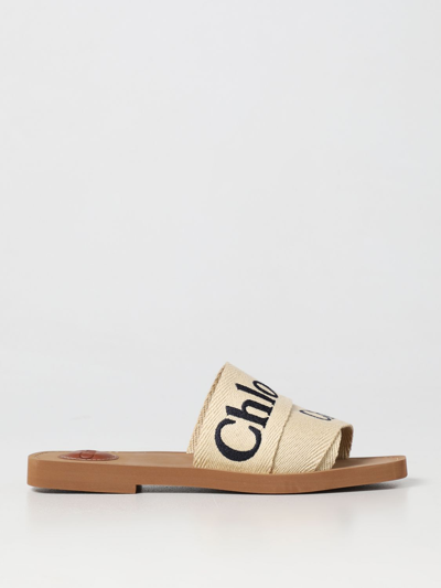 Shop Chloé Woody  Sandals In Canvas With Embroidered Logo In Brown