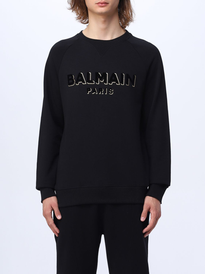 Balmain Flocked Logo Sweatshirt With Metallic Accents In Black
