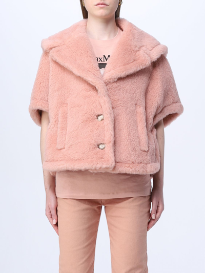 Shop Max Mara Cape In Camel And Wool Teddy In Pink