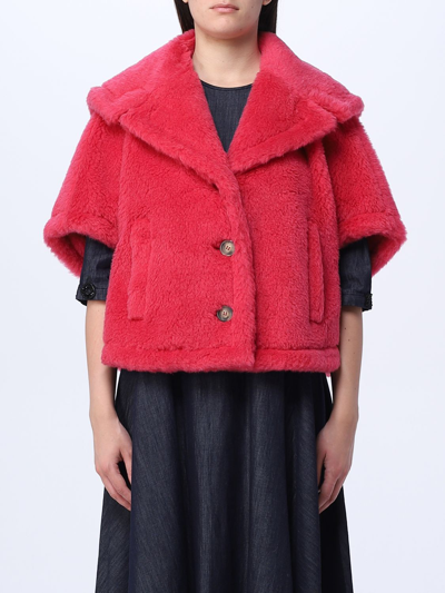 Shop Max Mara Cape In Camel And Wool Teddy In Raspberry