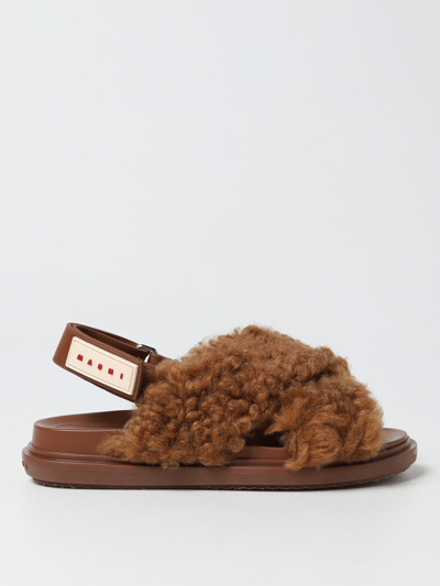 Shop Marni Sandals In Shearling And Leather In Brown
