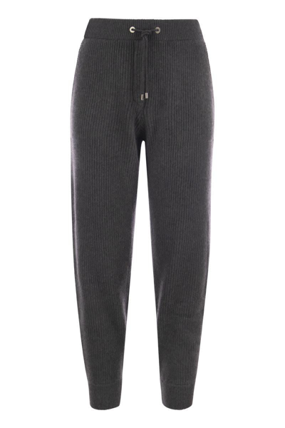Shop Brunello Cucinelli Cotton English Rib Knitted Trousers With Shiny Tab Pocket In Dark Grey
