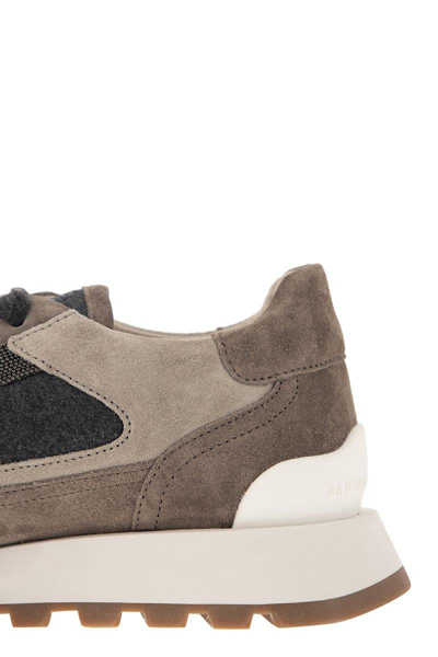 Shop Brunello Cucinelli Runners In Suede And Virgin Wool Flannel With Precious Contour In Dark Grey