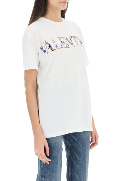 Shop Valentino Sequined Logo T-shirt In White