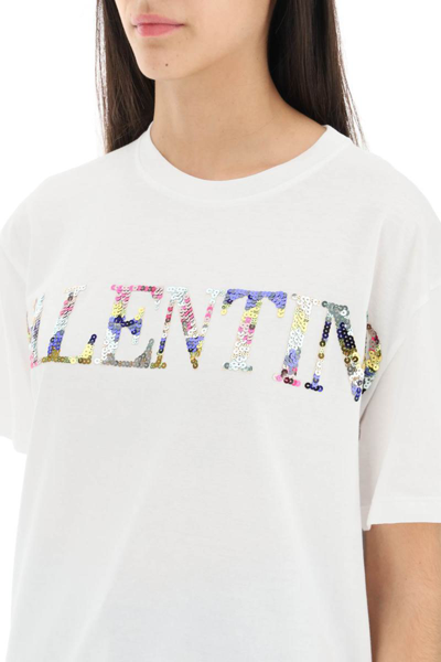 Shop Valentino Sequined Logo T-shirt In White