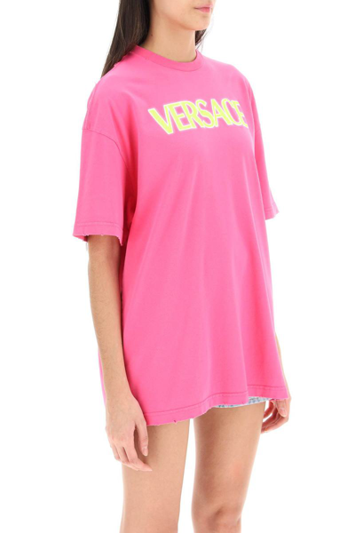 Shop Versace Distressed T-shirt With Neon Logo In Fuchsia
