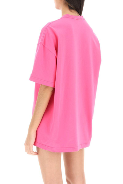 Shop Versace Distressed T-shirt With Neon Logo In Fuchsia