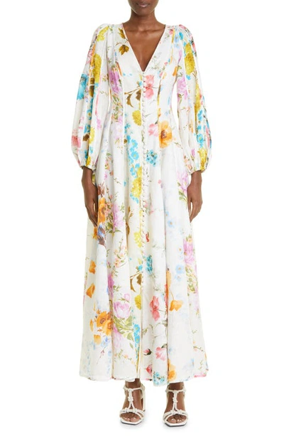 Shop Zimmermann Halcyon Floral Long Sleeve Linen Maxi Dress In Spliced