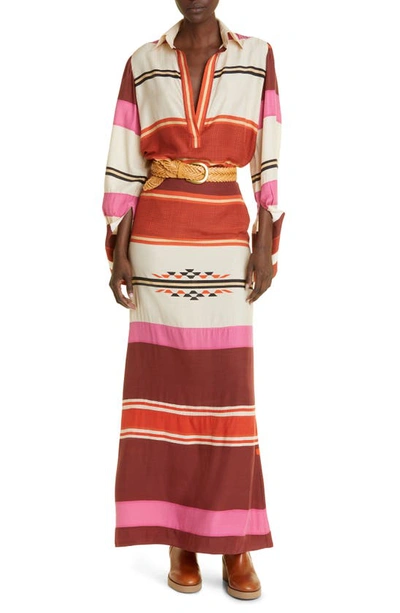 Shop Johanna Ortiz Balneario Andino Stripe Maxi Skirt In Bedouin Sand/ Fucsia/ Tobacco