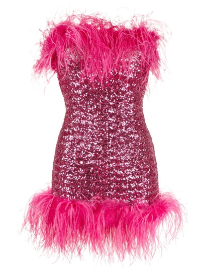 Shop Oseree Feather-trim Sequin Strapless Dress In Pink
