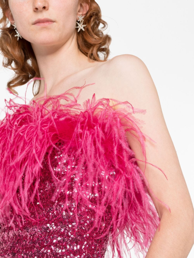 Shop Oseree Feather-trim Sequin Strapless Dress In Pink