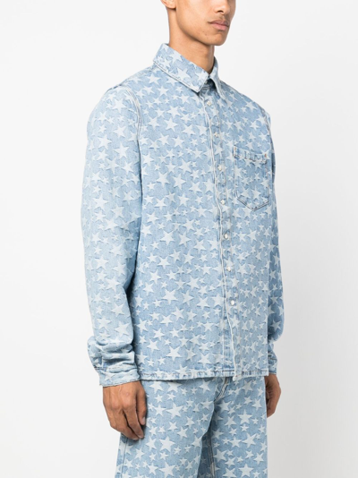 Erl Star-pattern Cotton Denim Shirt In Blue
