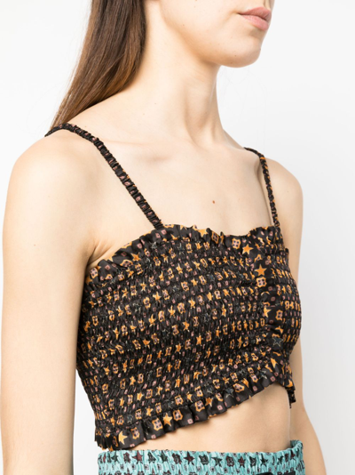 Shop Sandro Graphic-print Smocked Cropped Tank Top In Black