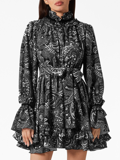 Shop Philipp Plein Ruffled Paisley-print Mini Dress In Black