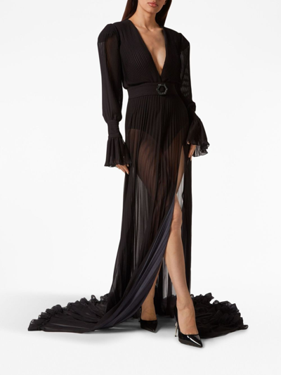 Shop Philipp Plein Fully-pleated Semi-sheer Dress In Black