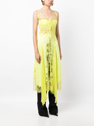 Shop Versace Sheer-lace Asymmetric Satin Dress In Yellow