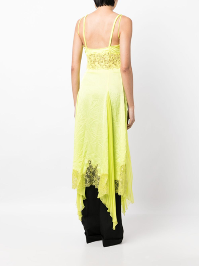 Shop Versace Sheer-lace Asymmetric Satin Dress In Yellow