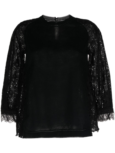 Shop Shiatzy Chen Lace-detailing Cotton Blouse In Black