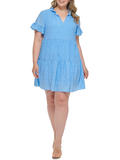 Shop Dkny Plus Womens Printed Ruffled Babydoll Dress In Blue