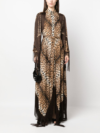 Shop Roberto Cavalli Fringed Leopard-print Shirtdress In Neutrals