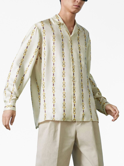 Shop Gucci Interlocking G-logo Horsebit-print Silk Shirt In Neutrals