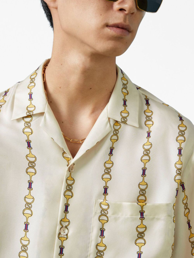 Shop Gucci Interlocking G-logo Horsebit-print Silk Shirt In Neutrals