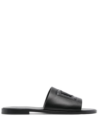 Shop Dolce & Gabbana Embossed-logo Leather Slides In Schwarz