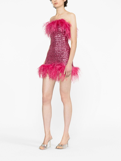 Shop Oseree Feather-trim Sequin Strapless Dress In Rosa