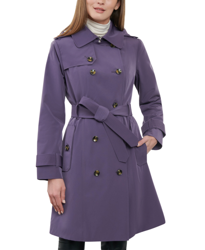 Shop London Fog Women's 38" Double-breasted Hooded Trench Coat In Royal Plum
