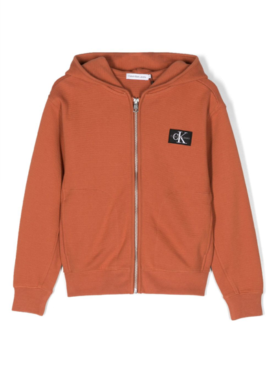 Shop Calvin Klein Logo-patch Hooded Cotton Jacket In Orange