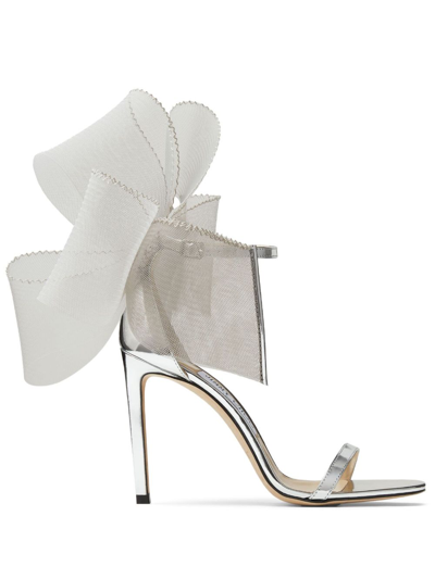 Shop Jimmy Choo Aveline 100mm Bow-detail Sandals In Silver