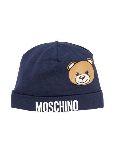Shop Moschino Logo-print Cotton Beanie In Blue