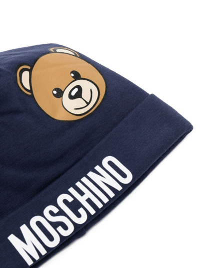 Shop Moschino Logo-print Cotton Beanie In Blue